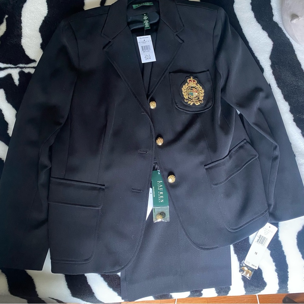 NWT Lauren Ralph Lauren 100% Wool 2pc Black Crest Blazer & Pant Set in size 16